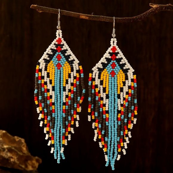 Jewelry - Beautiful Handmade Native Vintage Long Yellow Bead Tassel • Boho Earrings
